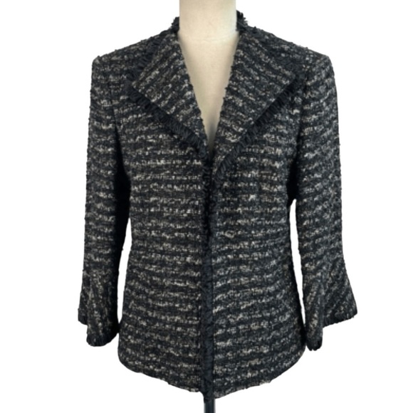 Lafayette 148 New York Jackets & Blazers - Lafayette 148 Black Tweed Ribbon Trim Open Front Blazer Black Size 14
